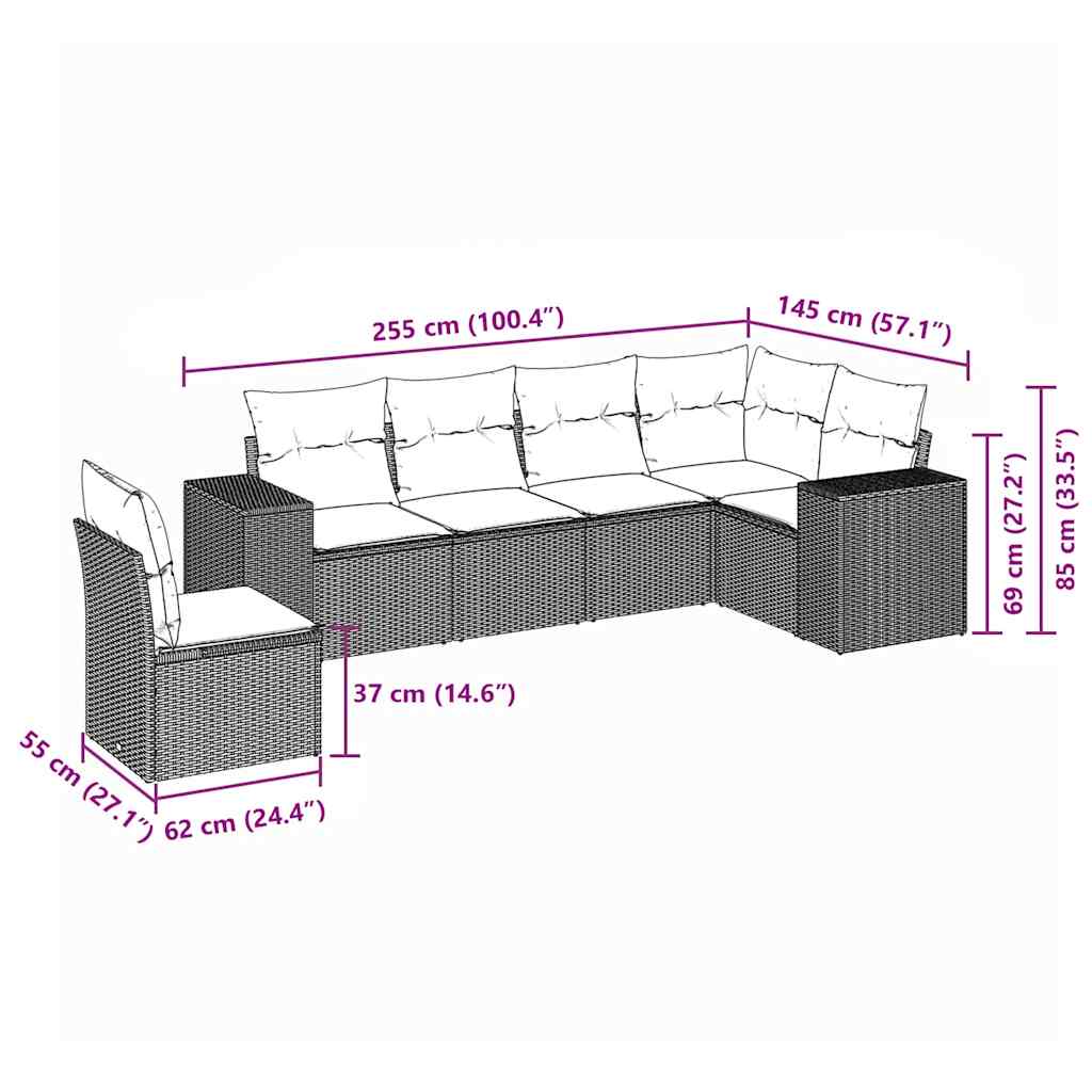 Set Divano da Giardino 6 pz con Cuscini Nero in Polyrattan 3254963