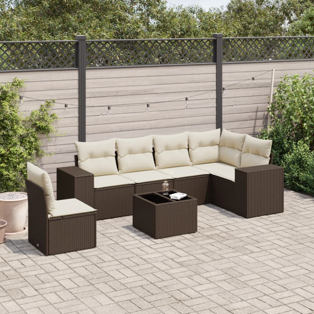 Set Divani da Giardino 7 pz con Cuscini Marrone in Polyrattan