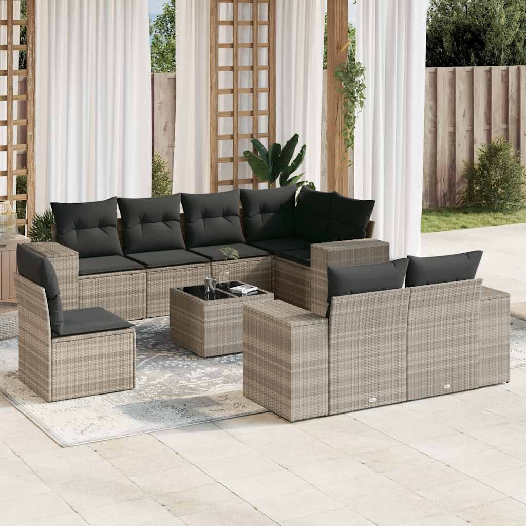 Set Divano da Giardino 9pz con Cuscini Grigio Chiaro Polyrattan