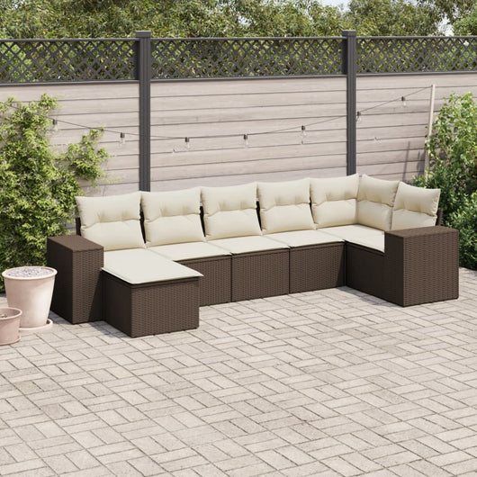 Set Divani da Giardino 7 pz con Cuscini Marrone in Polyrattan