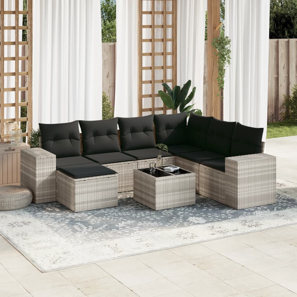 Set Divano da Giardino 8pz con Cuscini Grigio Chiaro Polyrattan