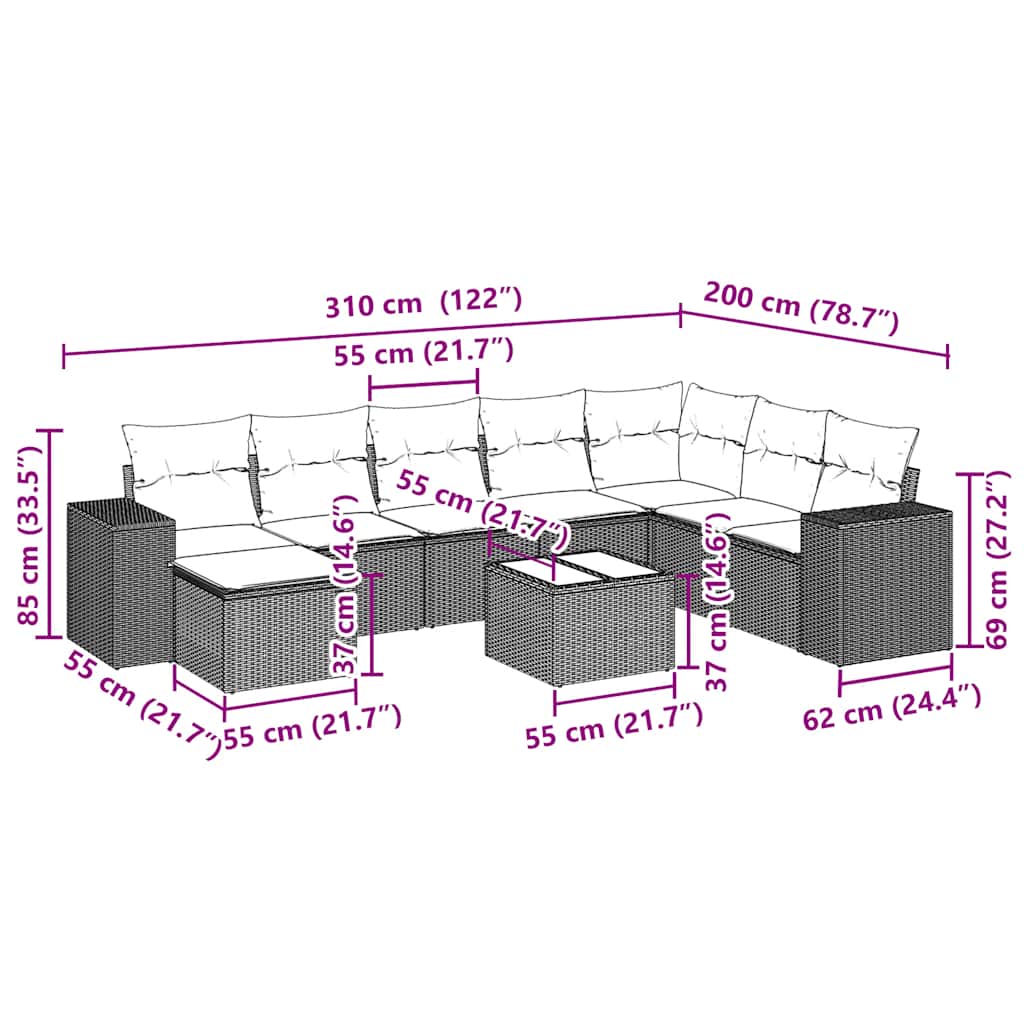 Set Divano da Giardino 9pz con Cuscini Grigio Chiaro Polyrattan 3255309