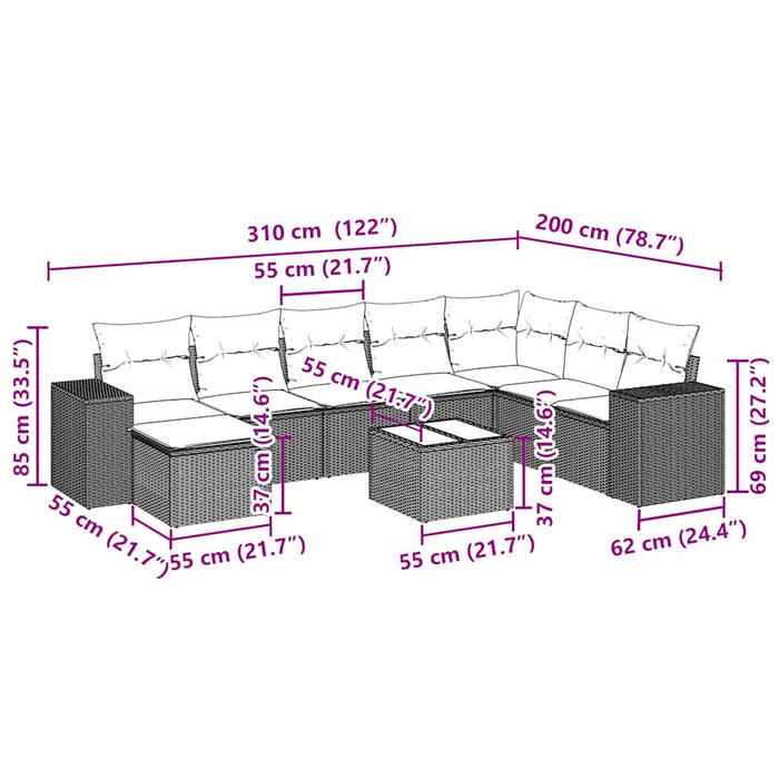 Set Divano da Giardino 9pz con Cuscini Grigio Chiaro Polyrattan 3255309