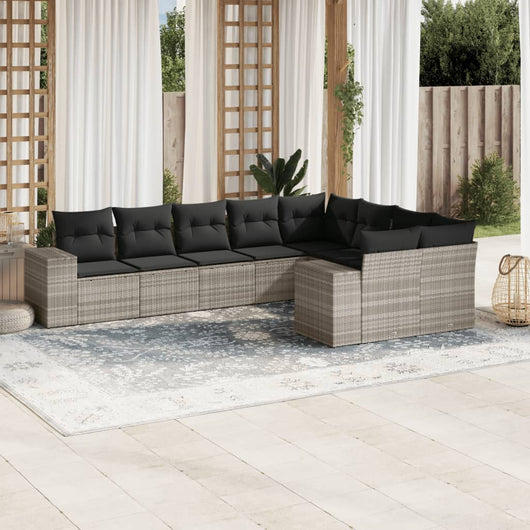 Set Divano da Giardino 9pz con Cuscini Grigio Chiaro Polyrattan