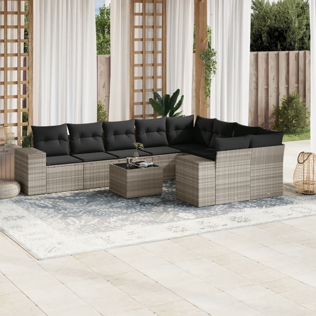 Set Divano Giardino 10 pz con Cuscini Grigio Chiaro Polyrattan 3255389