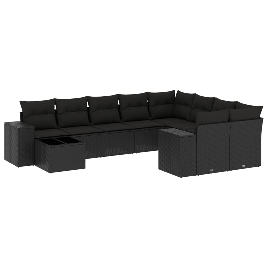 Set Divani da Giardino 10pz con Cuscini in Polyrattan Nero