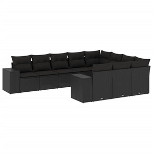 Set Divani da Giardino 10pz con Cuscini in Polyrattan Nero