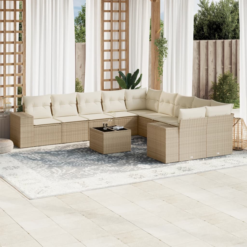 Set Divani da Giardino 11 pz con Cuscini Beige in Polyrattan