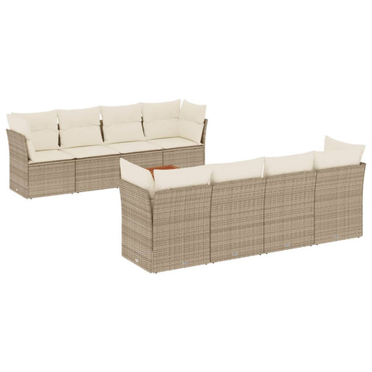 Set Divano da Giardino 9 pz con Cuscini Beige in Polyrattan