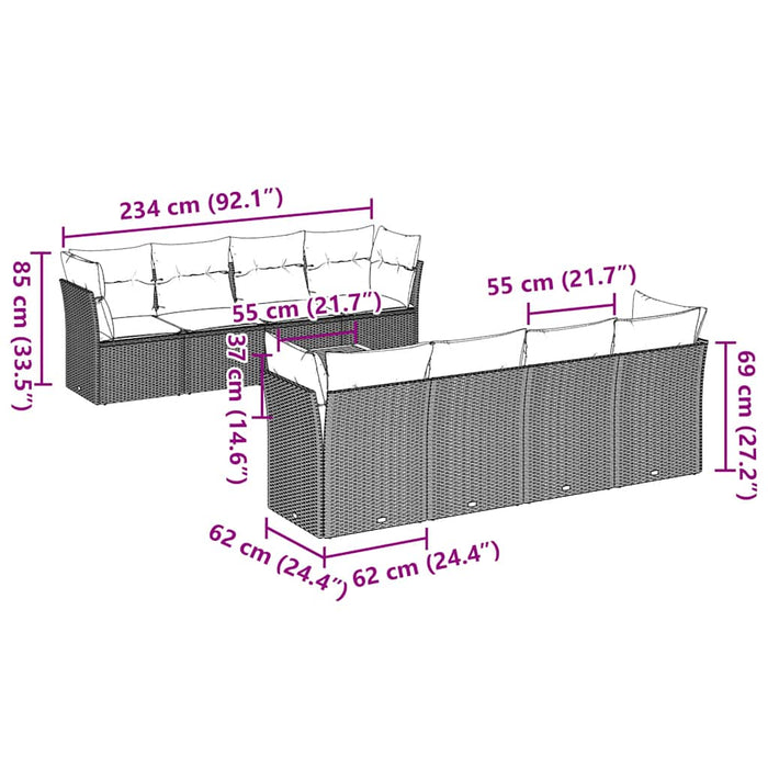 Set Divani da Giardino 9 pz con Cuscini Grigio in Polyrattan