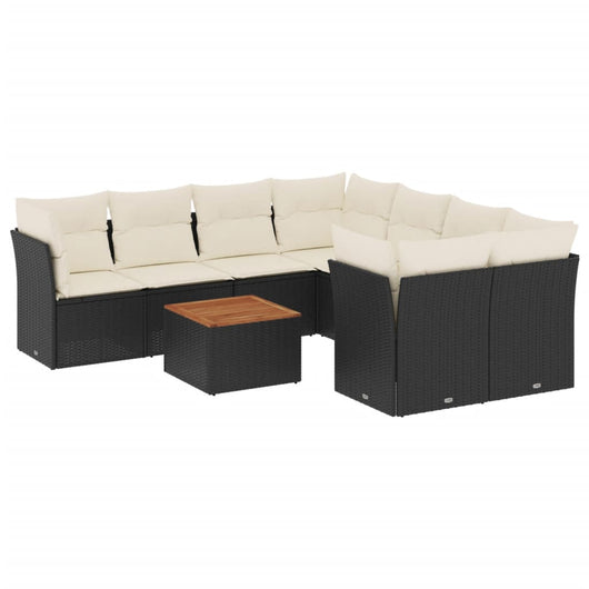 Set Divani da Giardino 9 pz con Cuscini Nero in Polyrattan