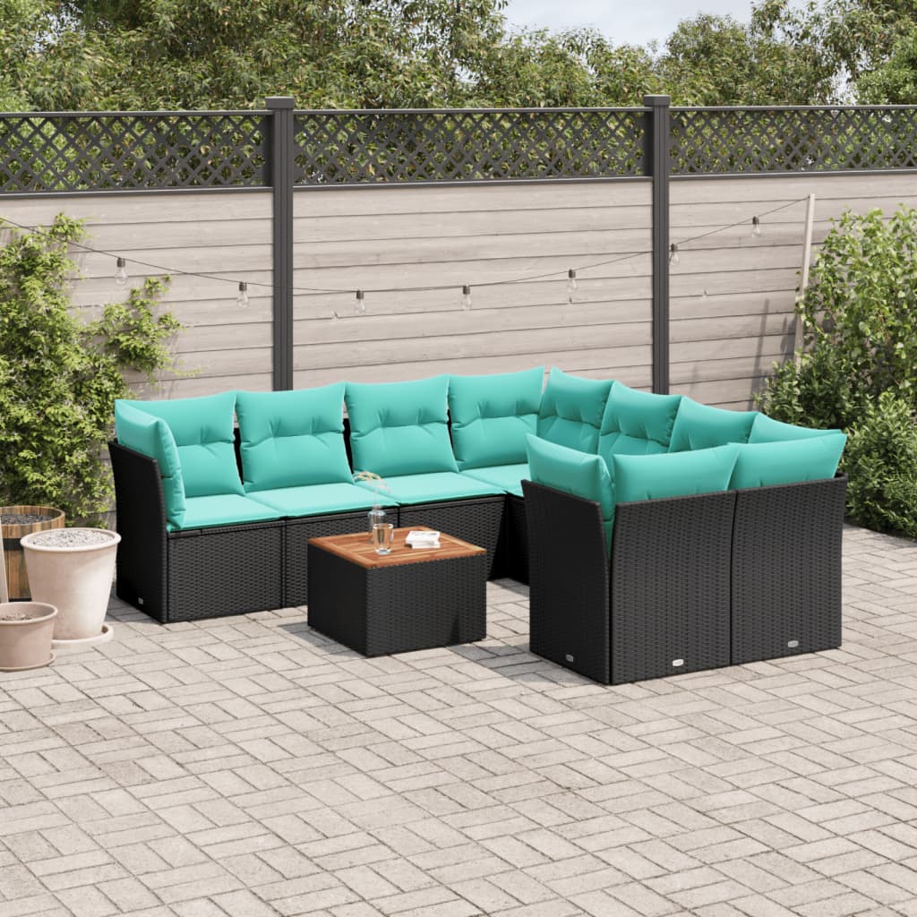 Set Divani da Giardino 9 pz con Cuscini Nero in Polyrattan 3255861