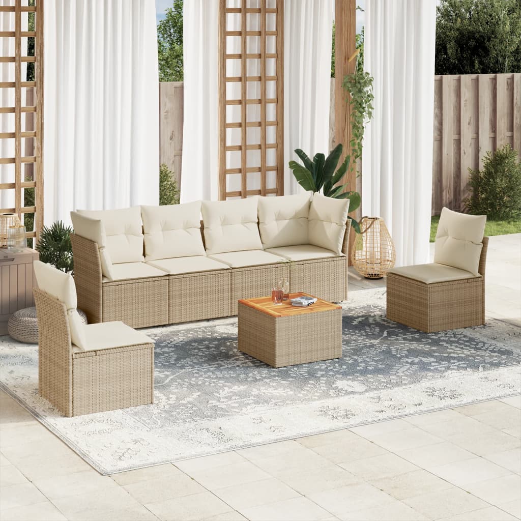 Set Divani da Giardino 7 pz con Cuscini Beige in Polyrattan