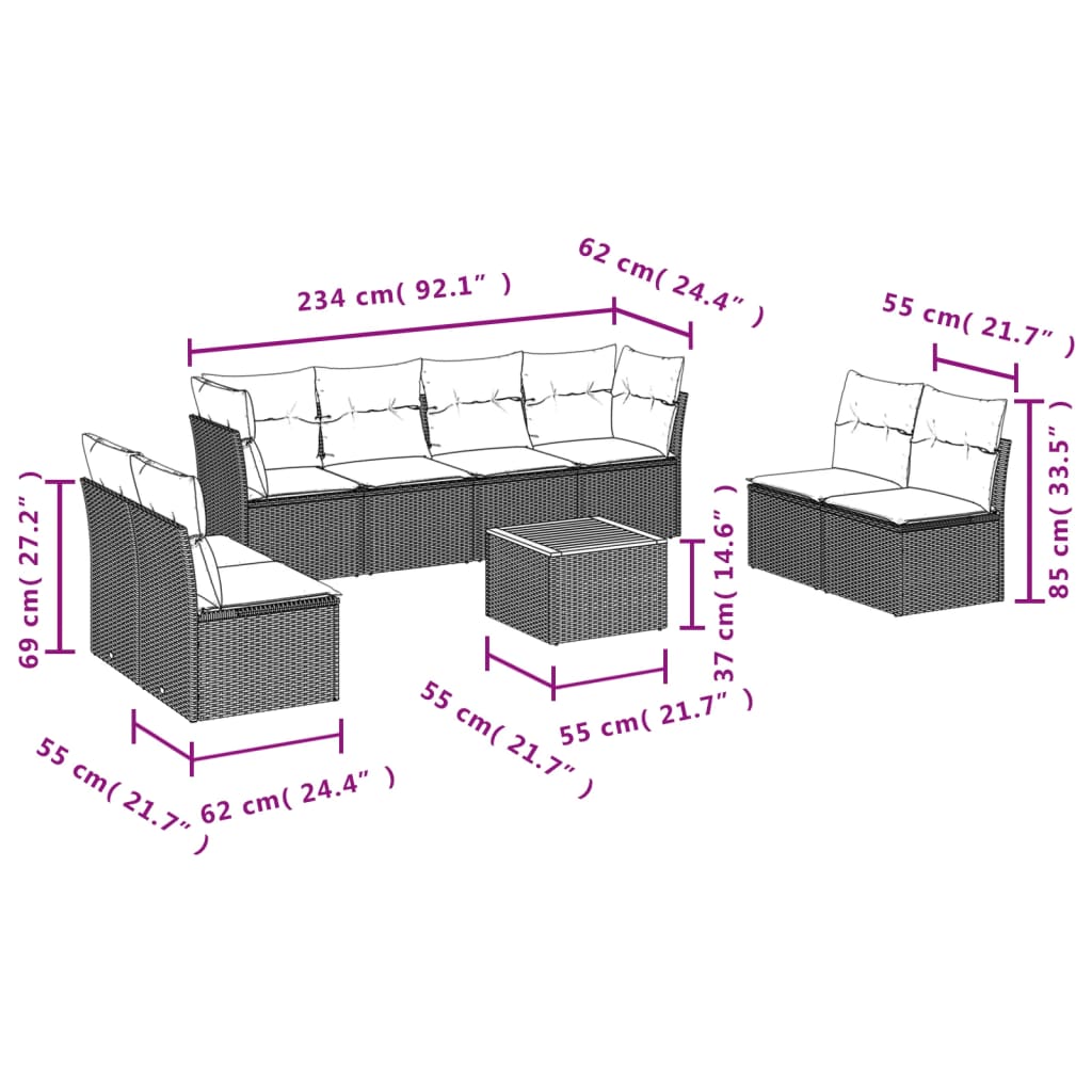 Set Divani da Giardino 9 pz con Cuscini Nero in Polyrattan 3255910
