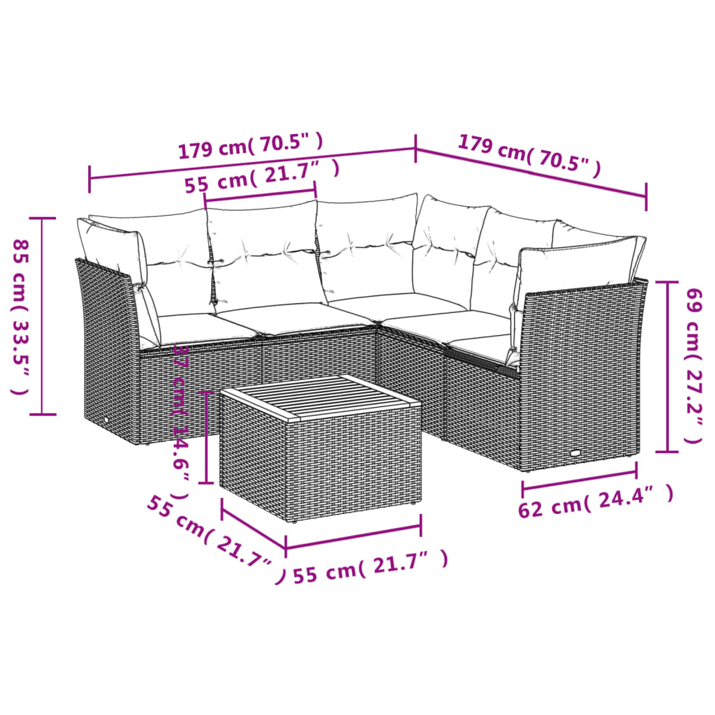 Set Divani da Giardino 6 pz con Cuscini Nero in Polyrattan 3255966