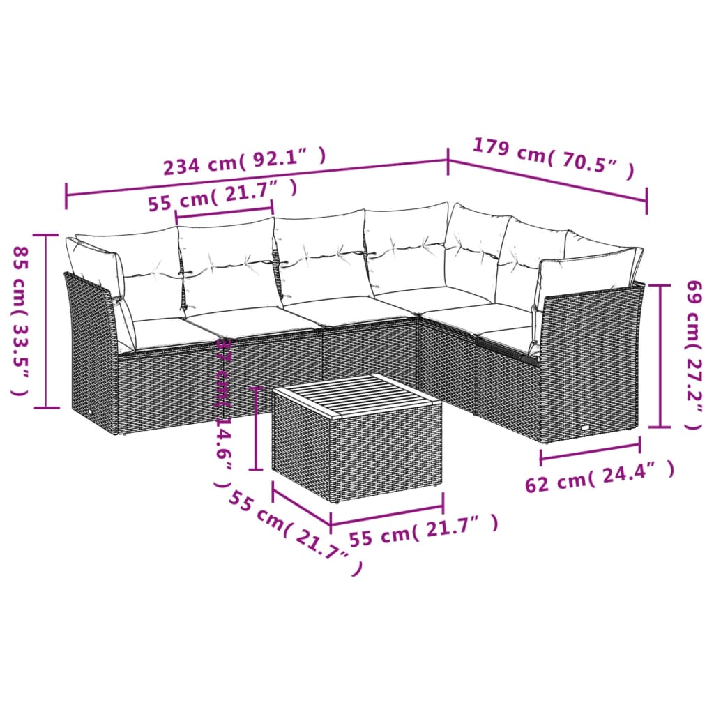 Set Divani da Giardino 7 pz con Cuscini Nero in Polyrattan 3255987