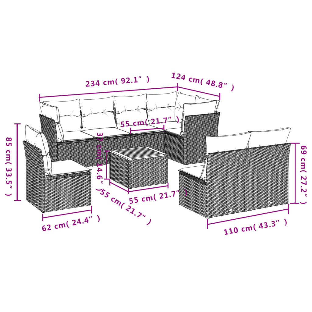 Set Divani da Giardino 9 pz con Cuscini Nero in Polyrattan 3256015