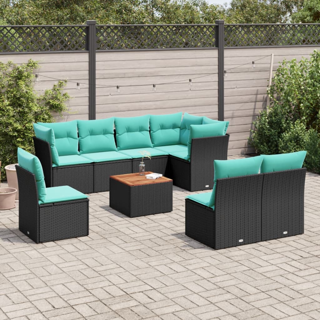 Set Divani da Giardino 9 pz con Cuscini Nero in Polyrattan 3256015