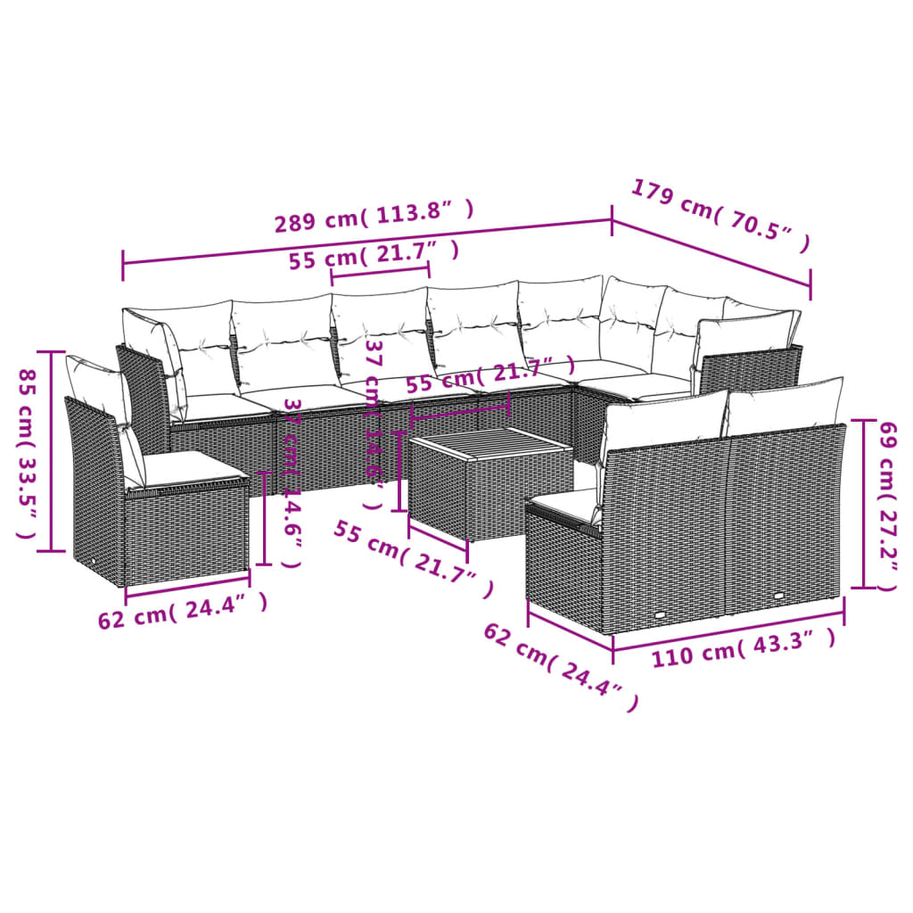 Set Divani da Giardino 11 pz con Cuscini in Polyrattan Nero 3256029