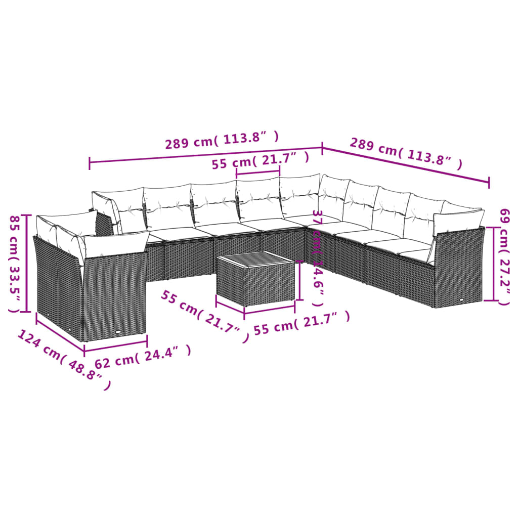 Set Divani da Giardino 12pz con Cuscini Nero in Polyrattan 3256057
