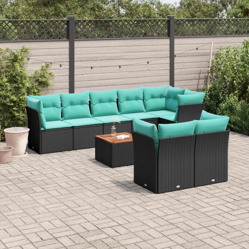 Set Divani da Giardino 9 pz con Cuscini Nero in Polyrattan 3256064