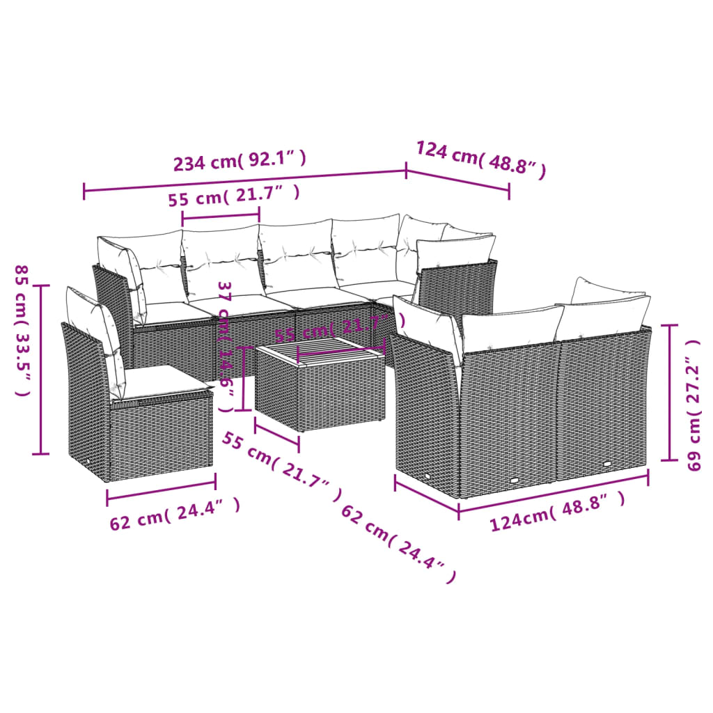 Set Divani da Giardino 9 pz con Cuscini Nero in Polyrattan 3256071