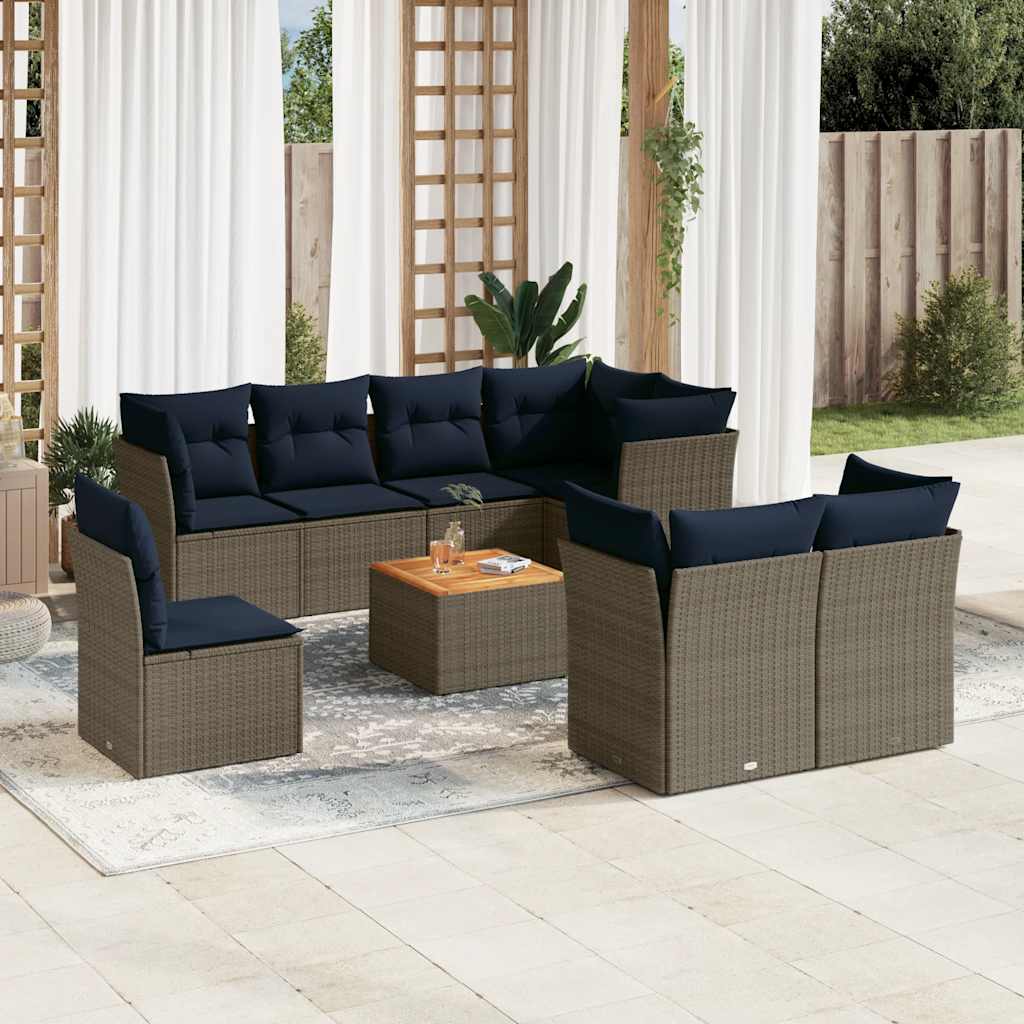 Set Divani da Giardino 9 pz con Cuscini Grigio in Polyrattan 3256075