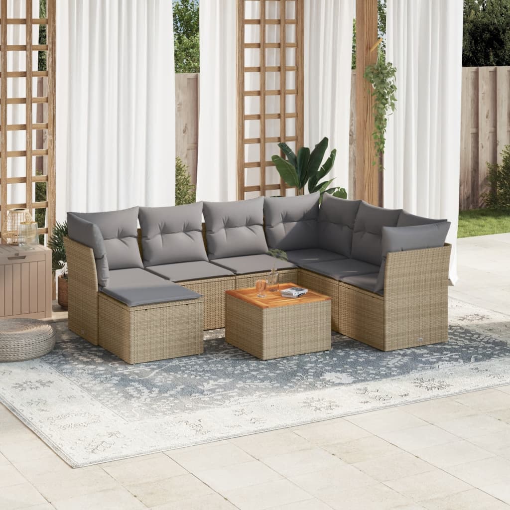 Set Divano da Giardino 8 pz con Cuscini Beige Misto Polyrattan