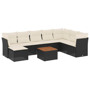 Set Divani da Giardino 9 pz con Cuscini Nero in Polyrattan