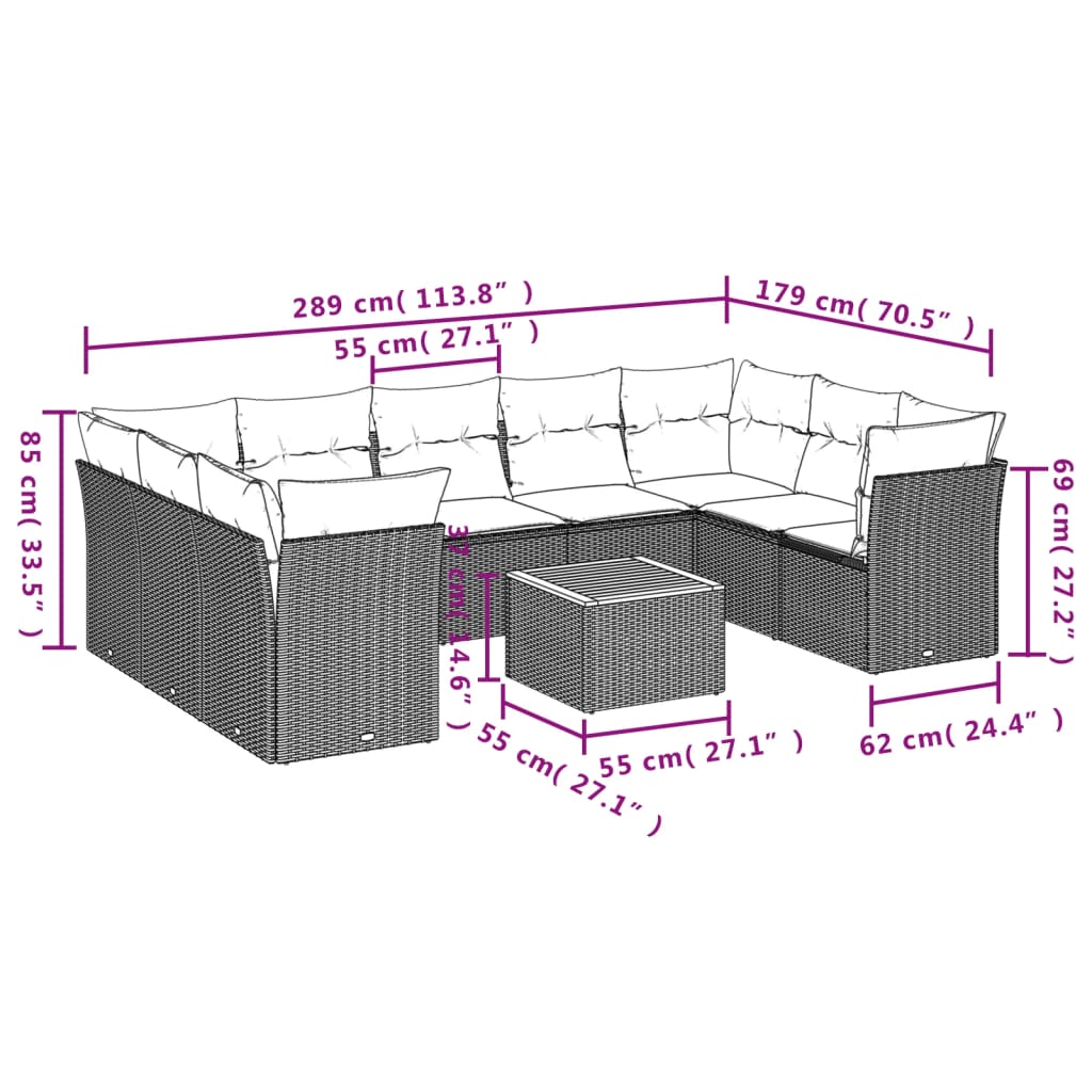 Set Divani da Giardino 10 pz con Cuscini Nero in Polyrattan 3256134