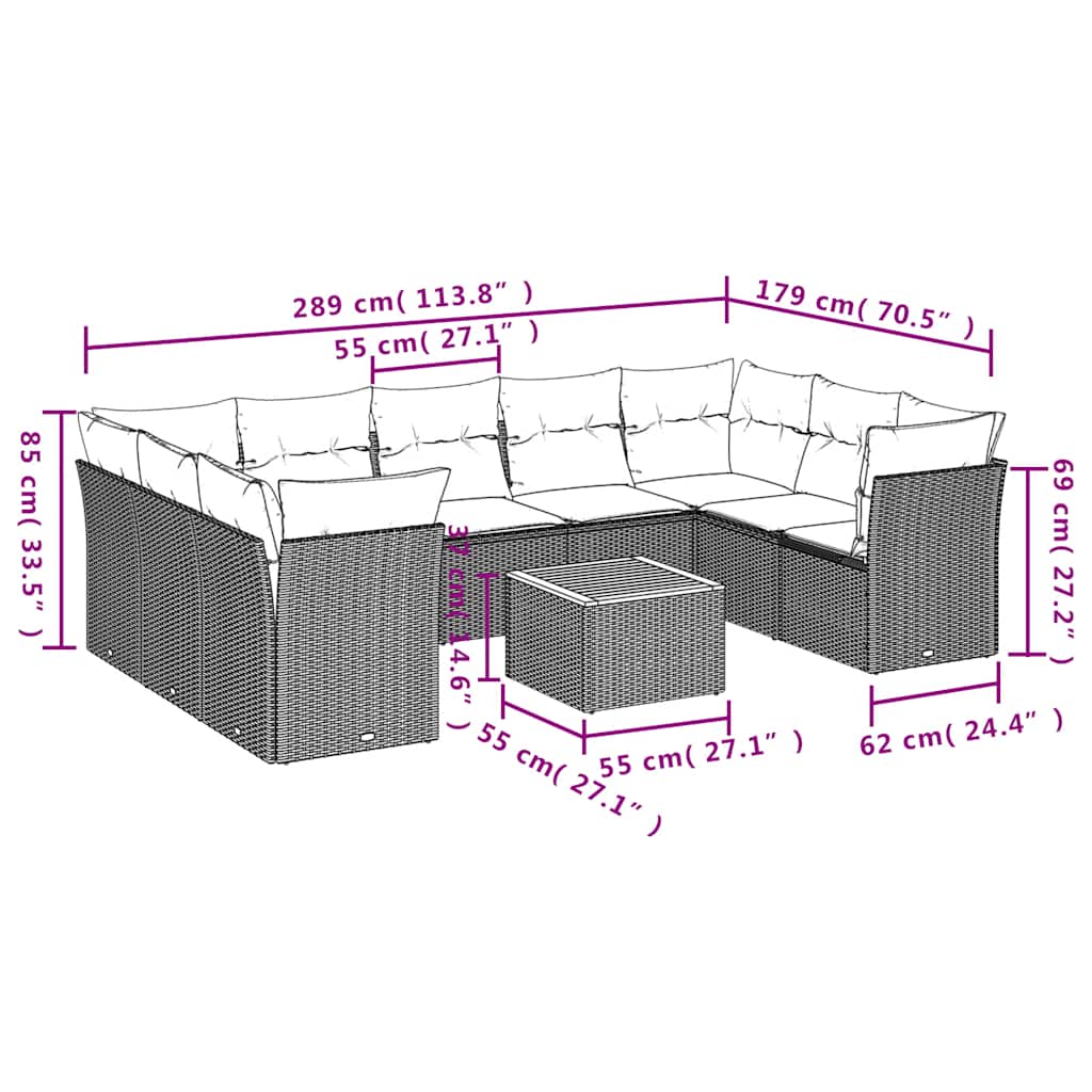 Set Divani da Giardino 10 pz con Cuscini Grigio in Polyrattan