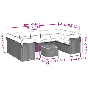 Set Divani da Giardino 10 pz con Cuscini Grigio in Polyrattan