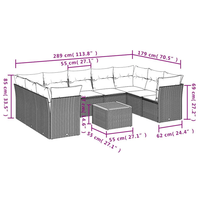 Set Divani da Giardino 10 pz con Cuscini Grigio in Polyrattan