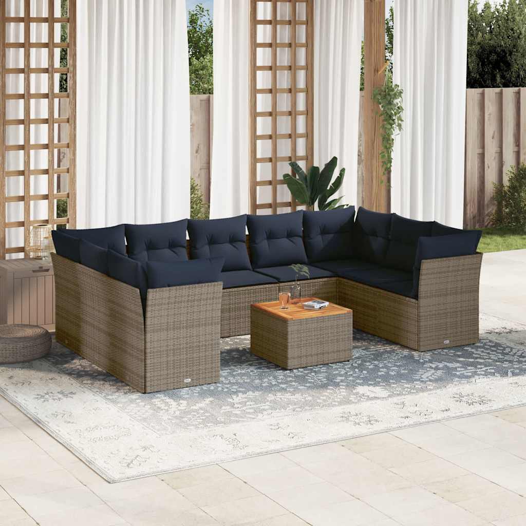 Set Divani da Giardino 10 pz con Cuscini Grigio in Polyrattan