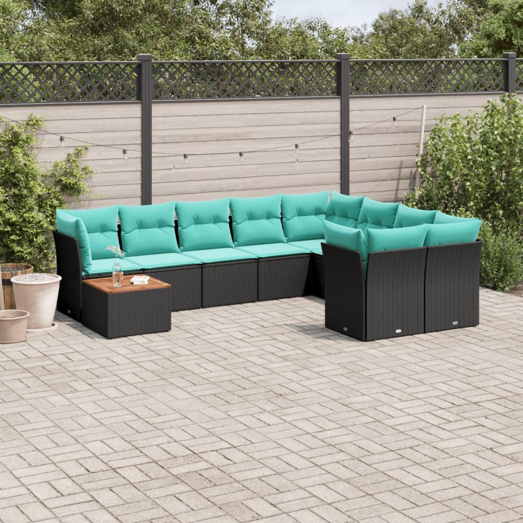 Set Divani da Giardino 10 pz con Cuscini Nero in Polyrattan 3256155