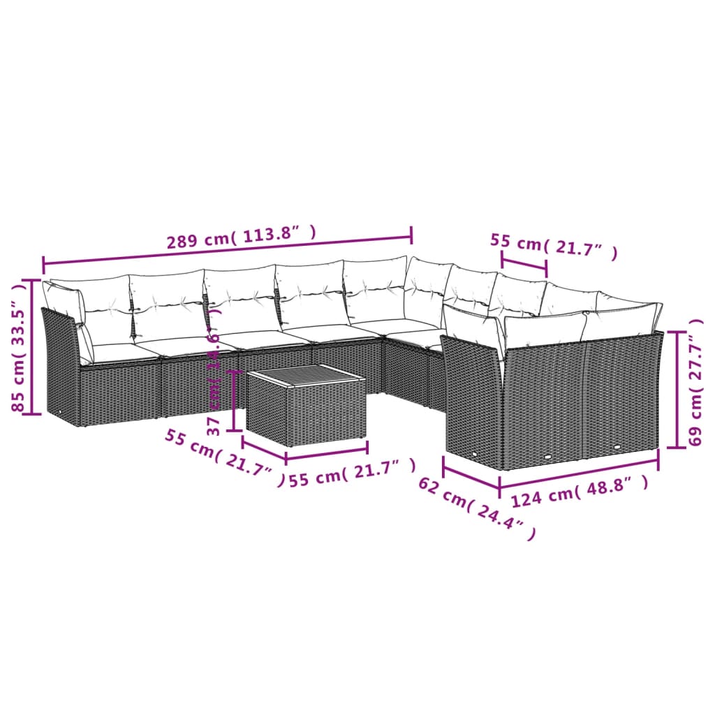 Set Divani da Giardino 11 pz con Cuscini in Polyrattan Nero 3256183