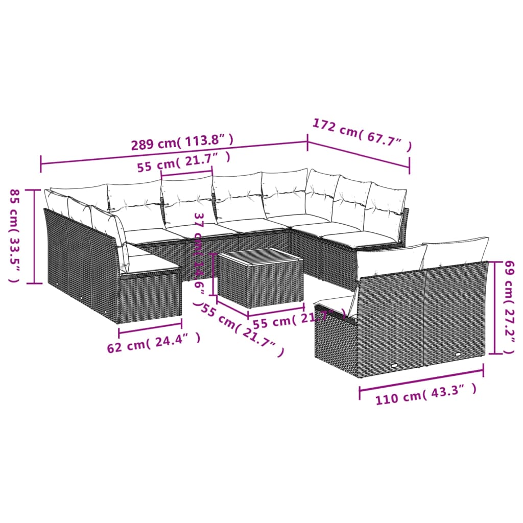 Set Divani da Giardino 12pz con Cuscini Nero in Polyrattan 3256218