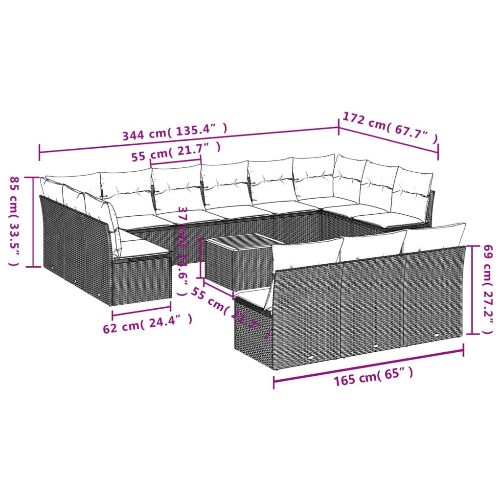 Set Divani da Giardino 14pz con Cuscini in Polyrattan Nero 3256232