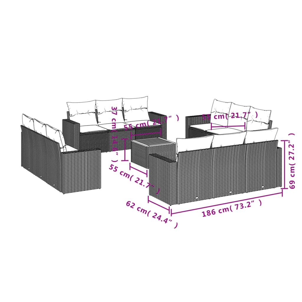 Set Divani da Giardino 13pz con Cuscini Nero in Polyrattan 3256386
