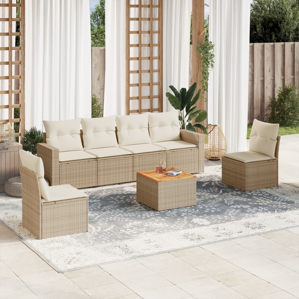 Set Divani da Giardino 7 pz con Cuscini Beige in Polyrattan
