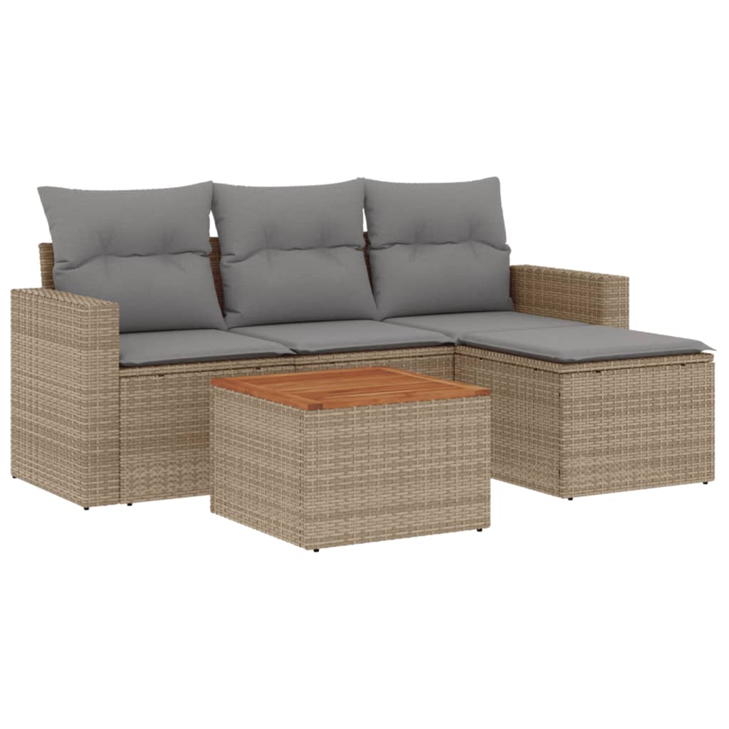 Set Divano da Giardino 5 pz con Cuscini Beige Misto Polyrattan