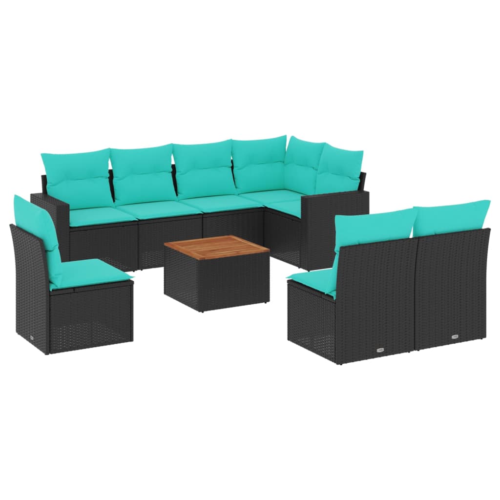 Set Divani da Giardino 9 pz con Cuscini Nero in Polyrattan 3256491