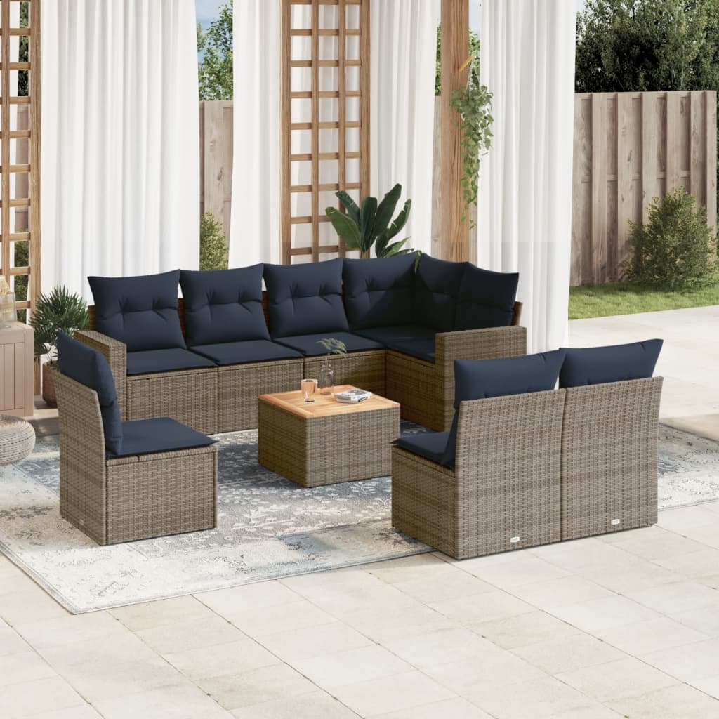 Set Divani da Giardino 9 pz con Cuscini Grigio in Polyrattan