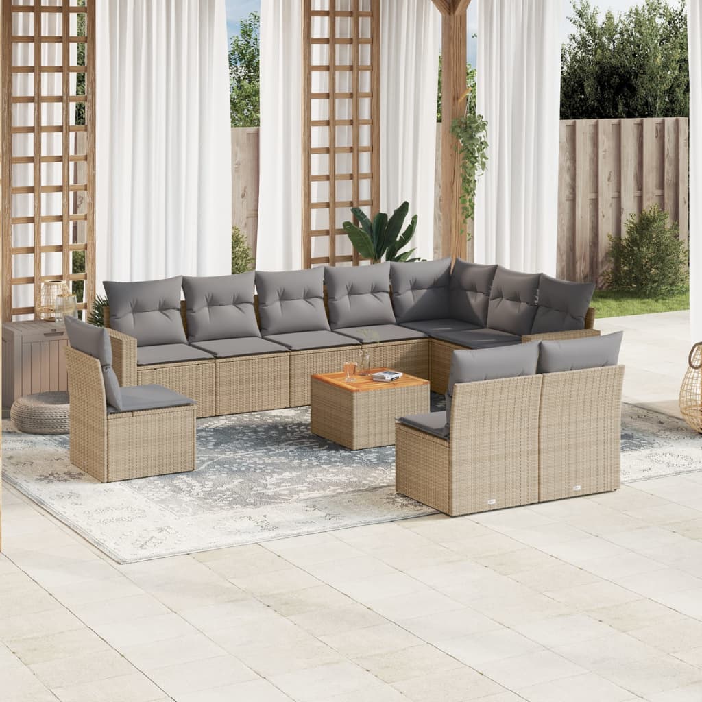 Set Divano da Giardino 11 pz con Cuscini Beige Misto Polyrattan