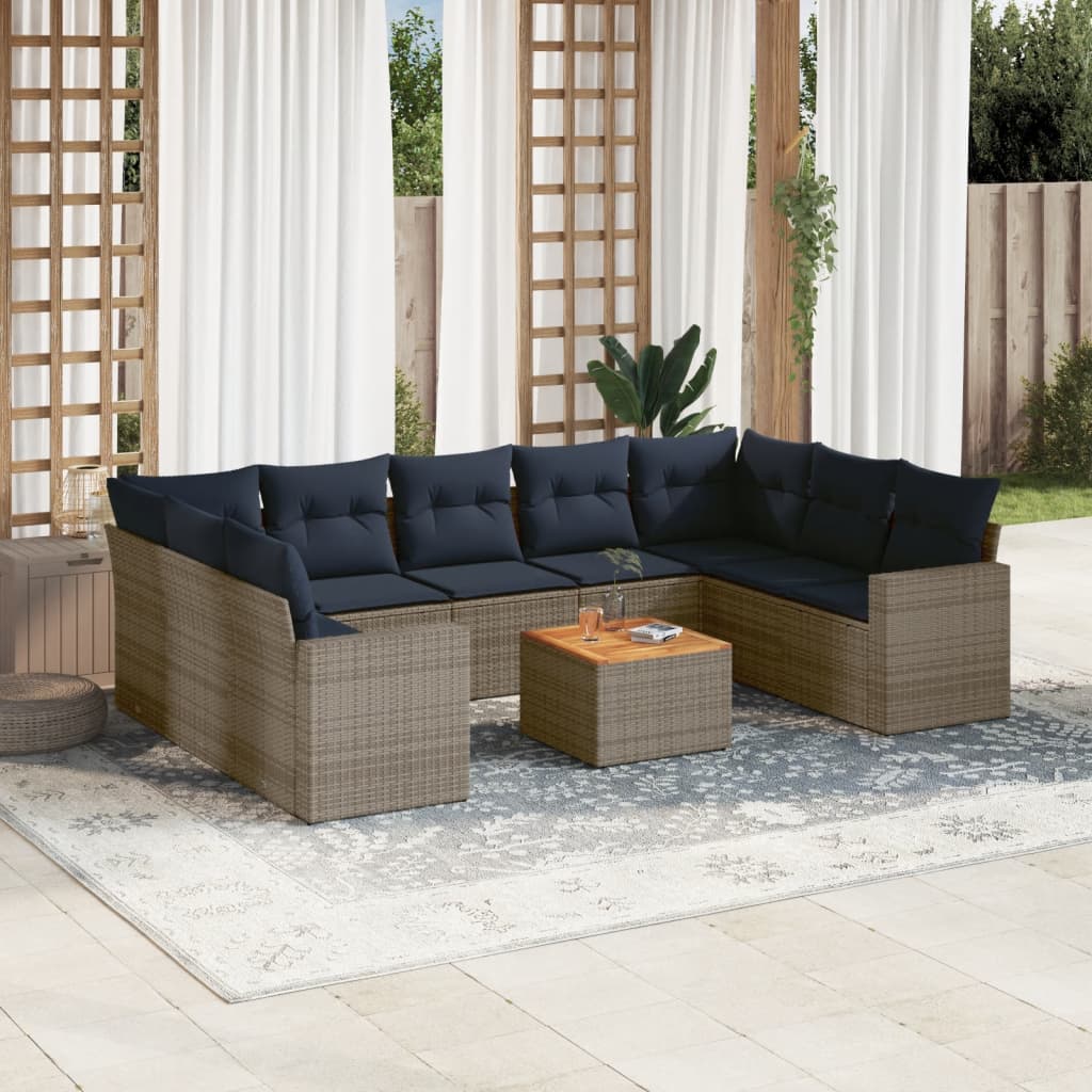 Set Divani da Giardino 10 pz con Cuscini Grigio in Polyrattan