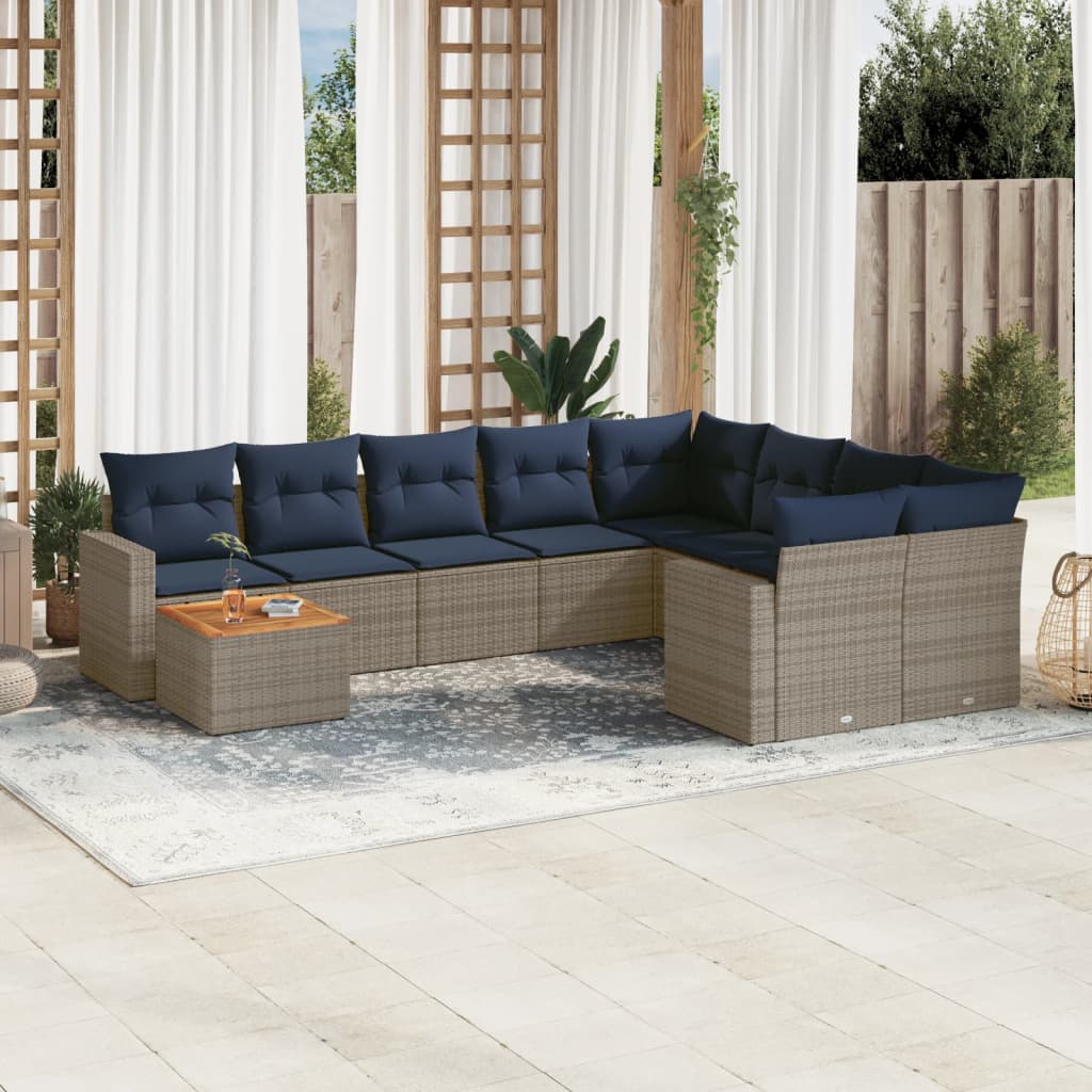 Set Divani da Giardino 10 pz con Cuscini Grigio in Polyrattan
