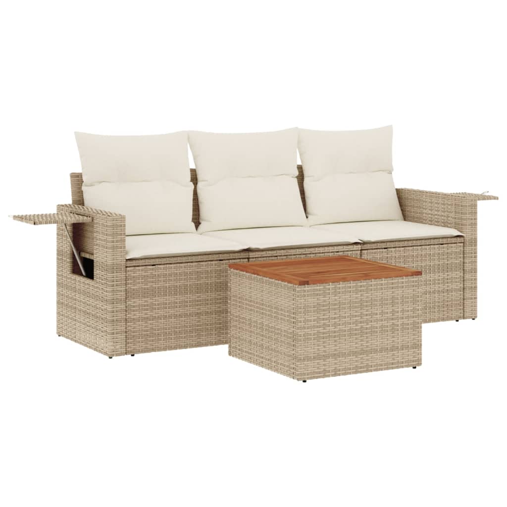 Set Divano da Giardino 4 pz con Cuscini Beige in Polyrattan