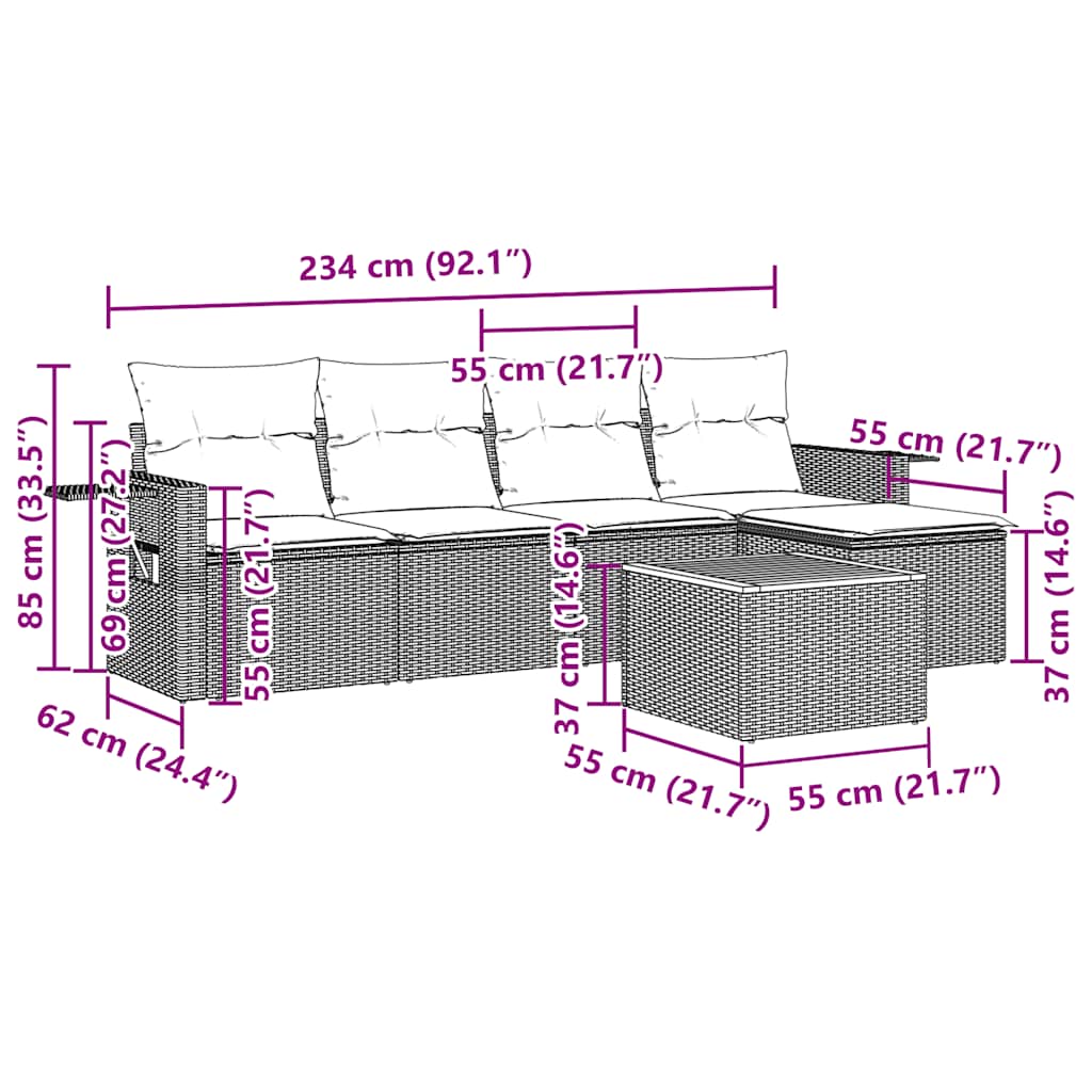 Set Divano da Giardino 6 pz con Cuscini Nero in Polyrattan