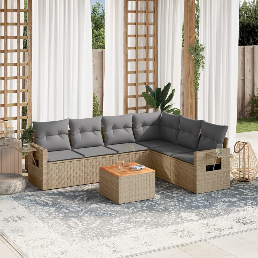 Set Divano da Giardino 7 pz con Cuscini Beige Misto Polyrattan