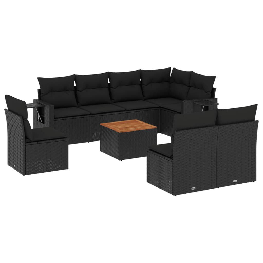 Set Divani da Giardino 9 pz con Cuscini Nero in Polyrattan